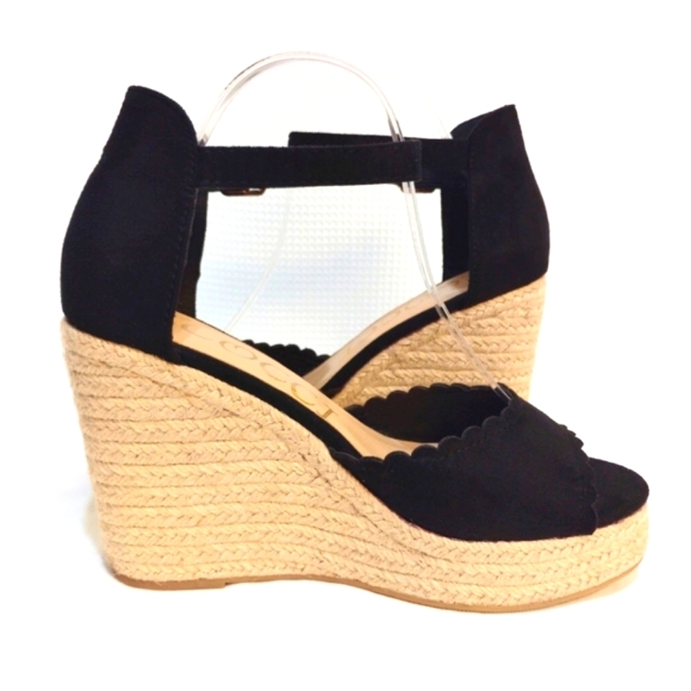CCOCCI Jessie Espadrilles Wedge Sandal Black Suede w/ Ankle Buckle Strap - Picture 4 of 14